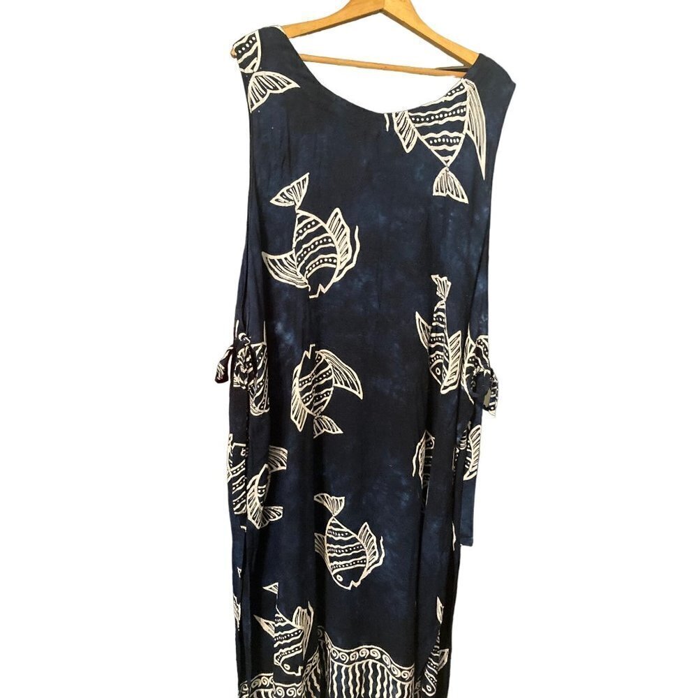 Women' Batik Sita Swim Cover Up Blue White Fish Side Ties Rayon Maxi L/XL TALL
